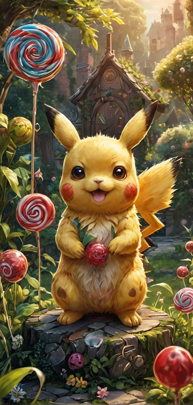 (extremely detailed 8k wallpaper), a medium full body photo of pikachu,intricate, highly detailed, dramatic, with a big lollipop in hand,sitting in a garden