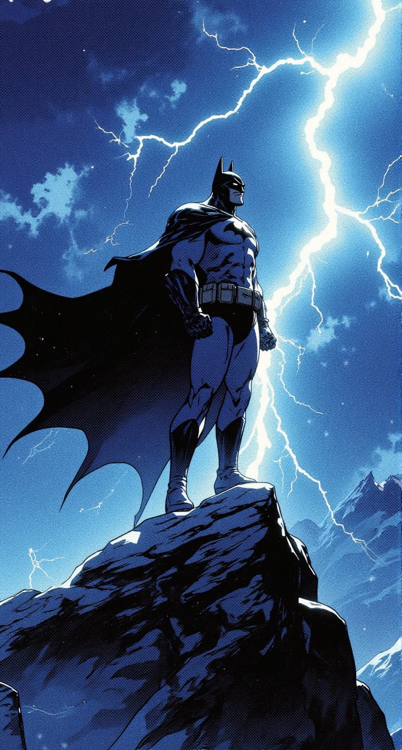 Batman standing on top of a mount Everest,  in a stormy night,  lightning in the sky. He is wearing his batsuit by viper_6...