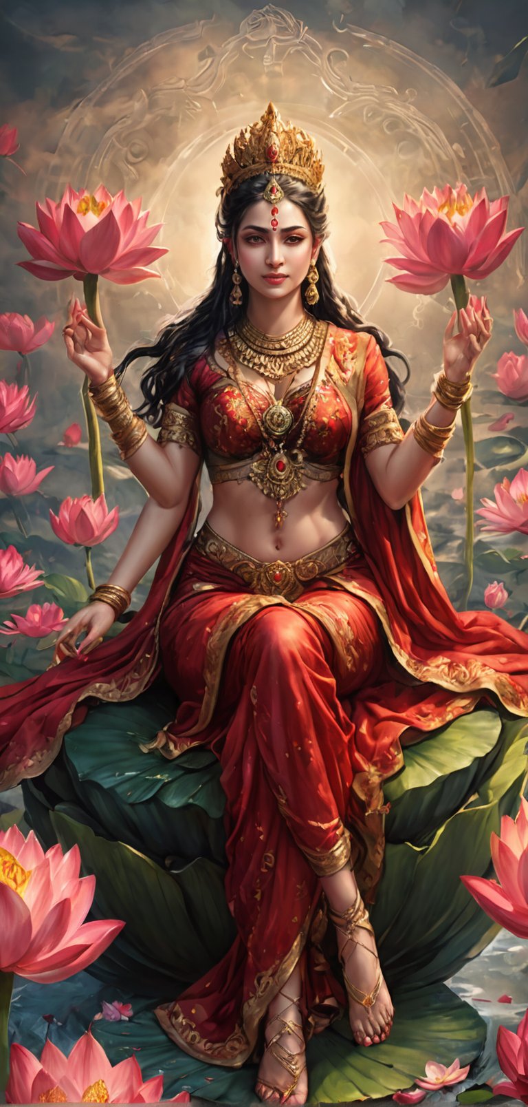 (extremely detailed 8k wallpaper), a medium full body photo of goddess laxmi,intricate, highly detailed, dramatic, four hands, meditating,wearing red saree,sitting on a huge lotus flower