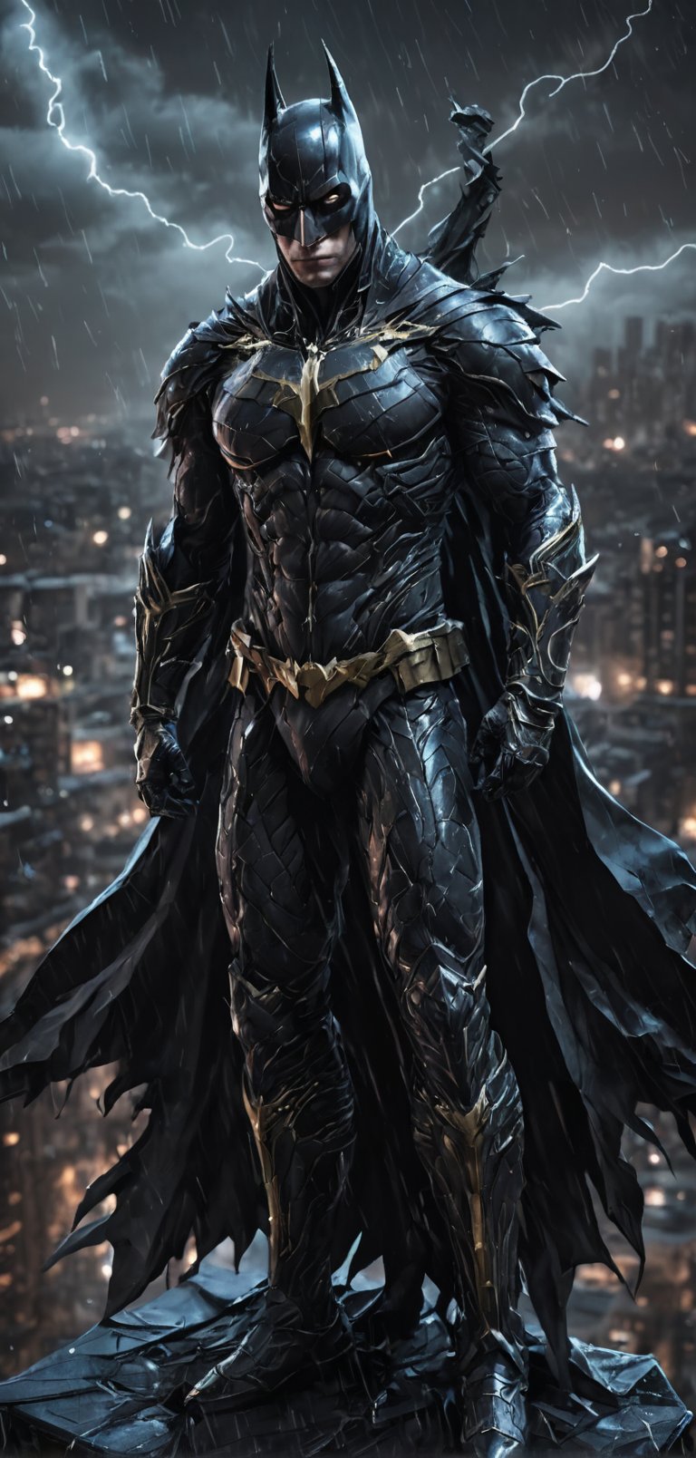 (extremely detailed 8k wallpaper), a medium full body photo of Batman intricate, highly detailed, dramatic, in bat suit, standing on top of a building, rainy night, lightning flashing