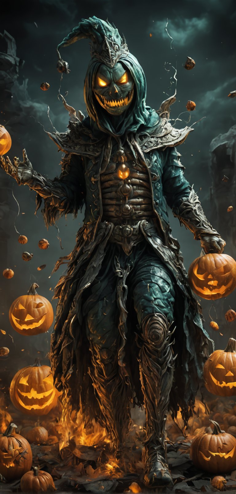 (extremely detailed 8k wallpaper), a medium full body photo of jack o lantern ,intricate, highly detailed, dramatic, in green and blue costume, head made of pumpkin,head on fire,pumpkin bombs in hand,laughing madly