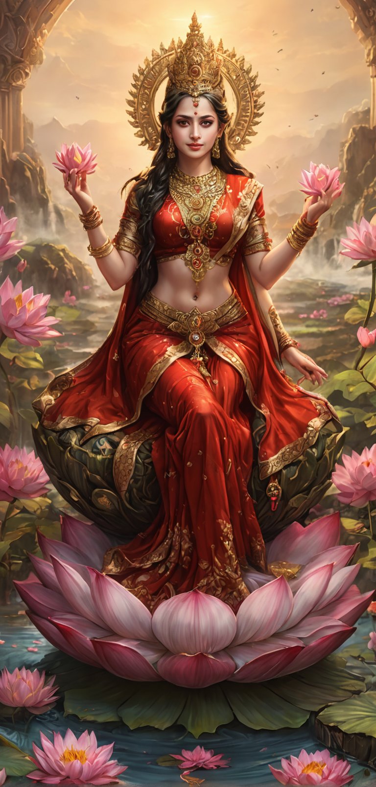 (extremely detailed 8k wallpaper), a medium full body photo of goddess laxmi,intricate, highly detailed, dramatic, four hands, meditating,wearing red saree,sitting on a huge lotus flower