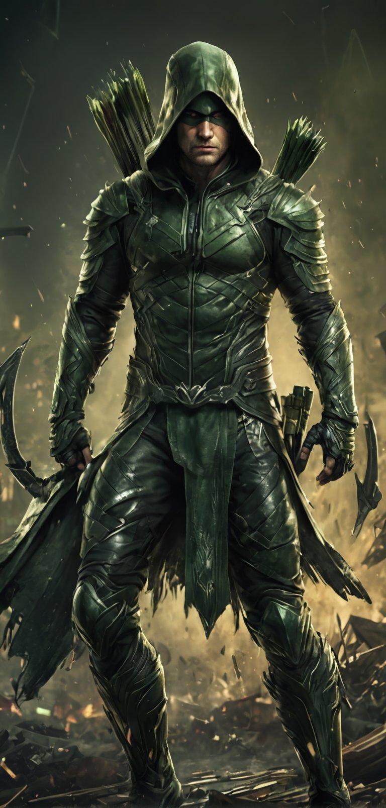 (extremely detailed 8k wallpaper), a medium full body photo of green arrow, intricate, highly detailed, dramatic, in green arrow costume, fighting