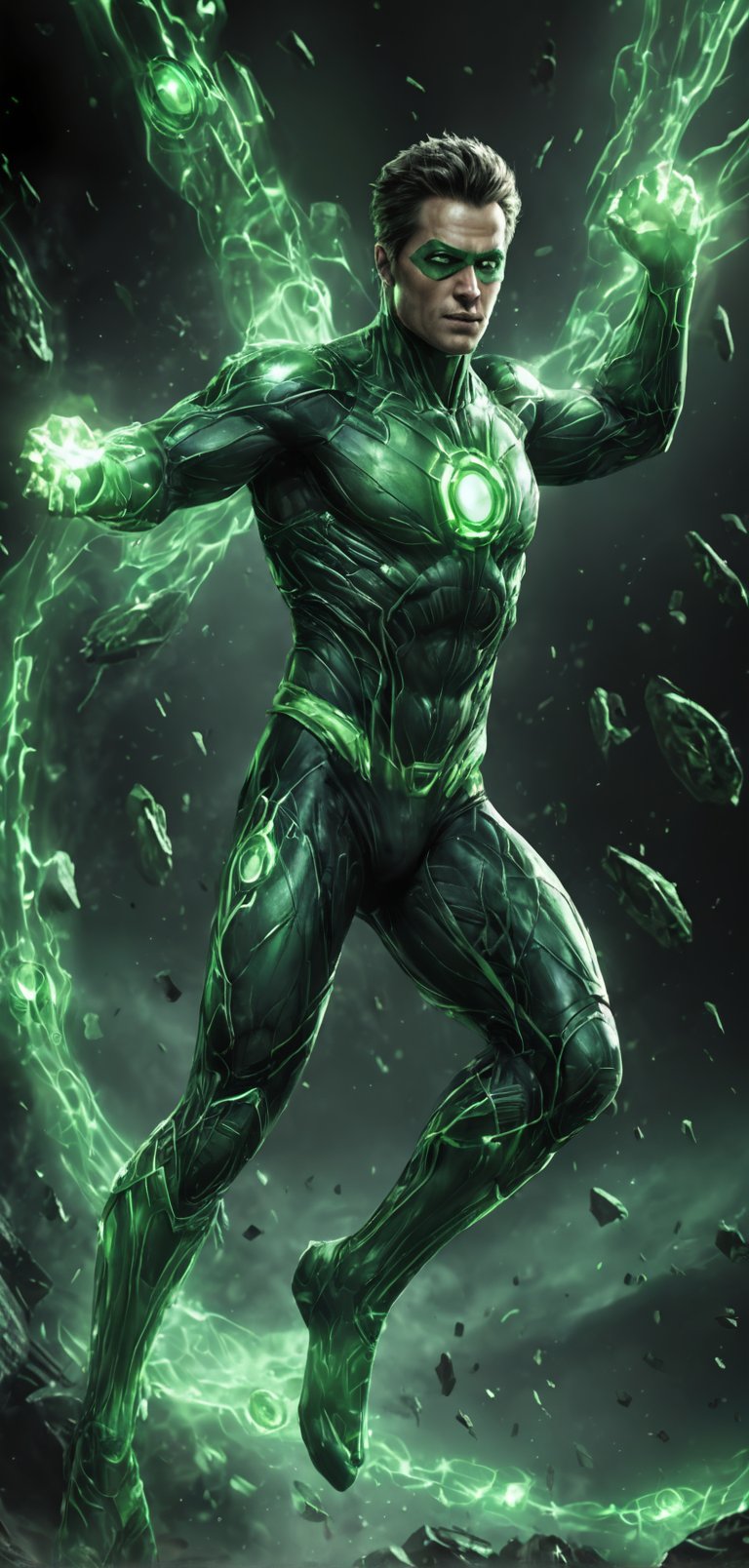 (extremely detailed 8k wallpaper), a medium full body photo of green lantern, intricate, highly detailed, dramatic, flying fast in outer space