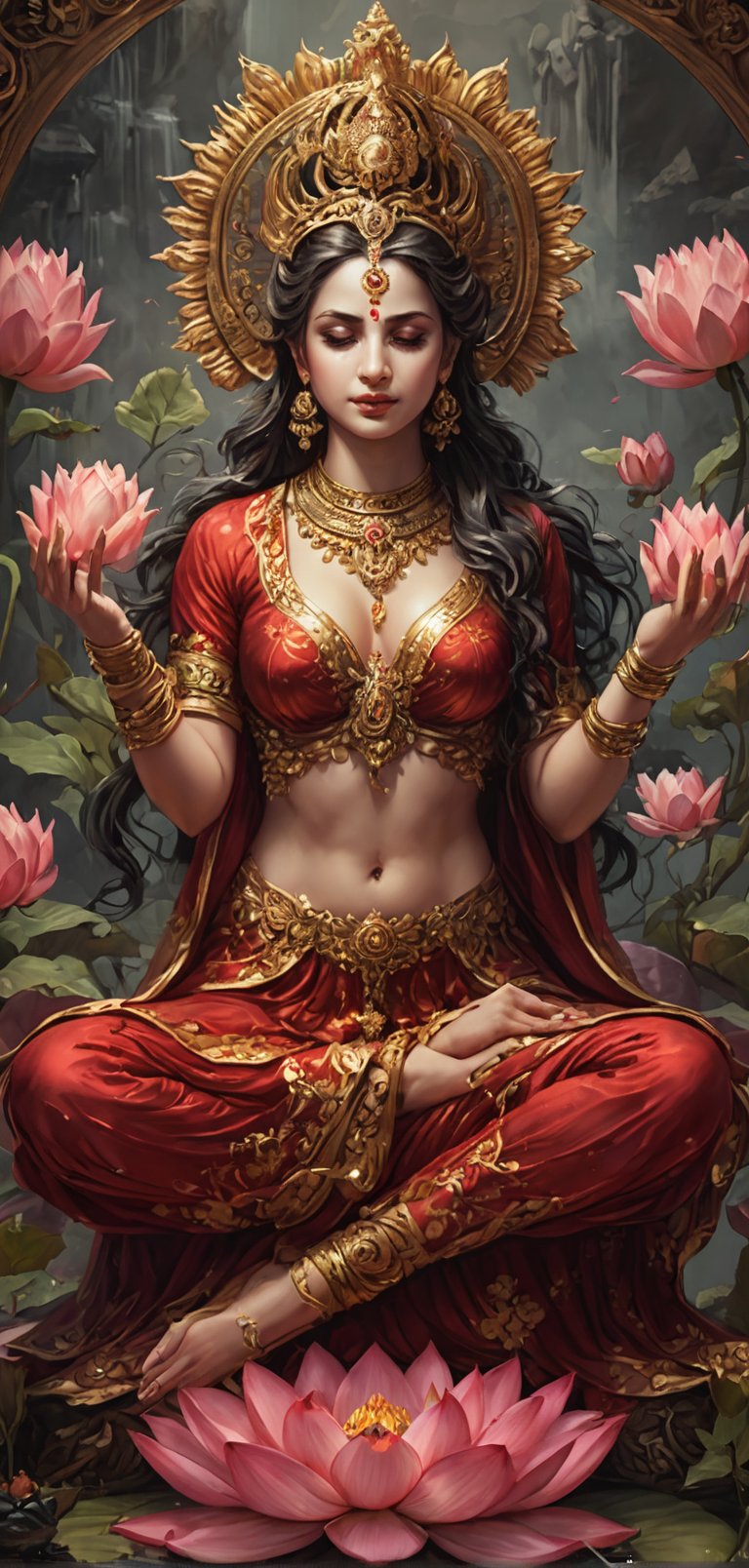 (extremely detailed 8k wallpaper), a medium full body photo of goddess laxmi,intricate, highly detailed, dramatic, four hands, meditating,wearing red saree,sitting on a huge lotus flower