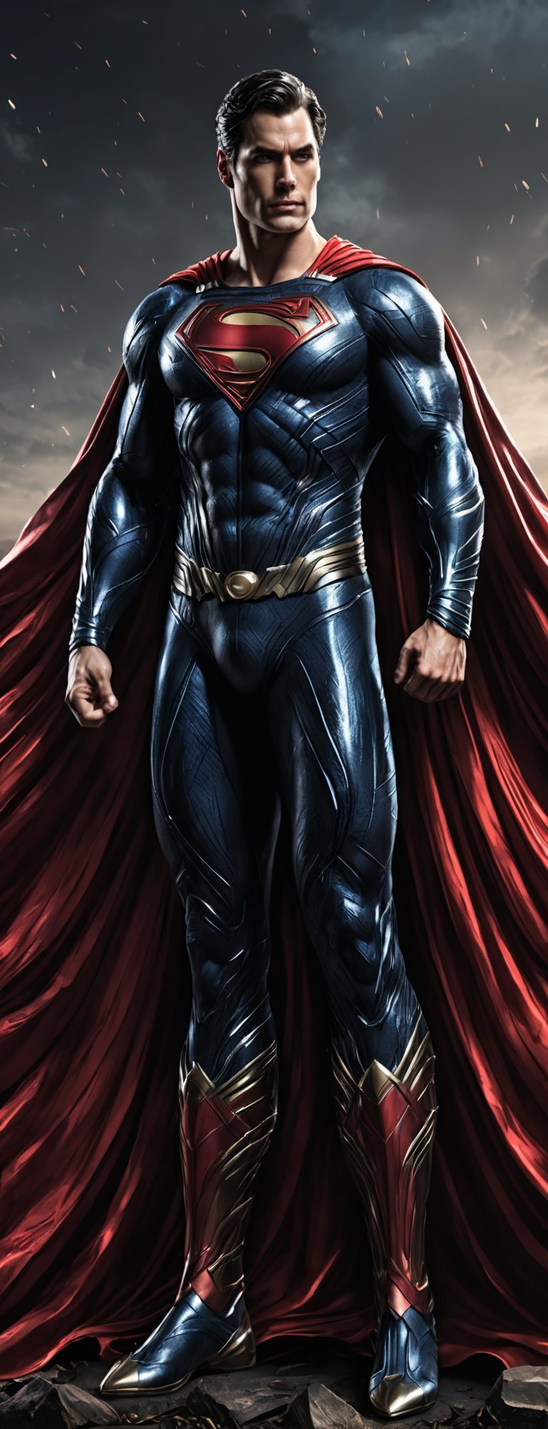 (extremely detailed 8k wallpaper), a medium full body photo of a Superman , intricate, highly detailed, dramatic,wearing metallic superman costume,re cape