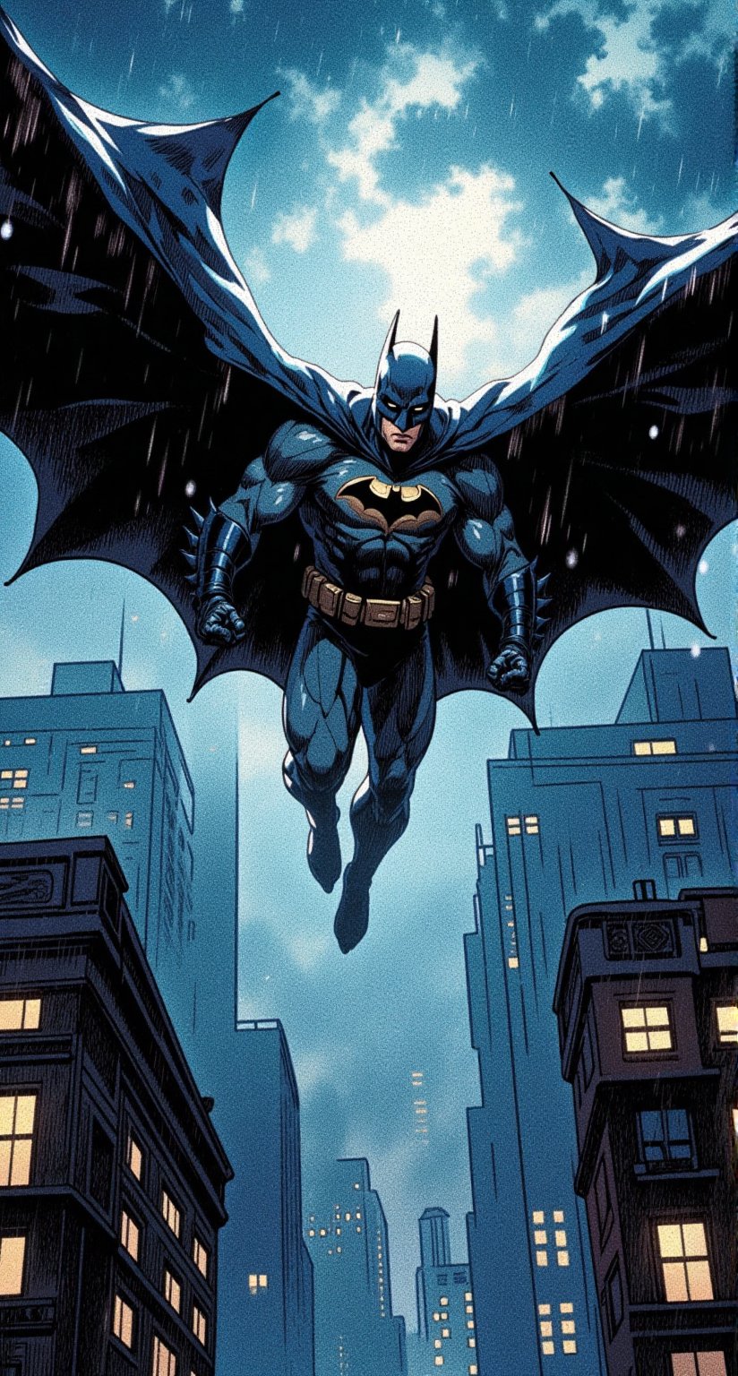 Batman flying in the sky,  in a stormy night in the sky. He is wearing his batman suit,  he is gliding fast by viper_66789...