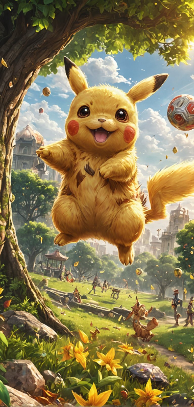 (extremely detailed 8k wallpaper), a medium full body photo of Pikachu of Pokemon,intricate, highly detailed, dramatic, playing in a park