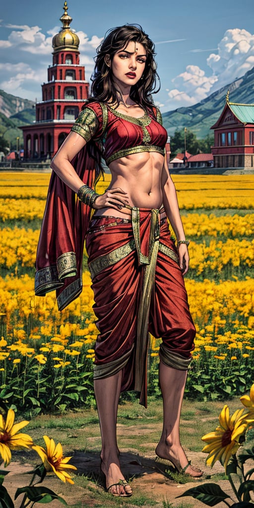 hindu_girl with indian saree , indian_temples , wearing_red_tight dhoti , detailed_background , 32k , 8k , masterpiece , high_resolution , beautiful , black_long_hairs ,girl wearing indian dhoti ,knee length,short dhoti, red_theme ,dhoti , belly exposed,  , sexy pose,standing in a haunted house,flower field, perfect fingers ,wearing a k0715ar33