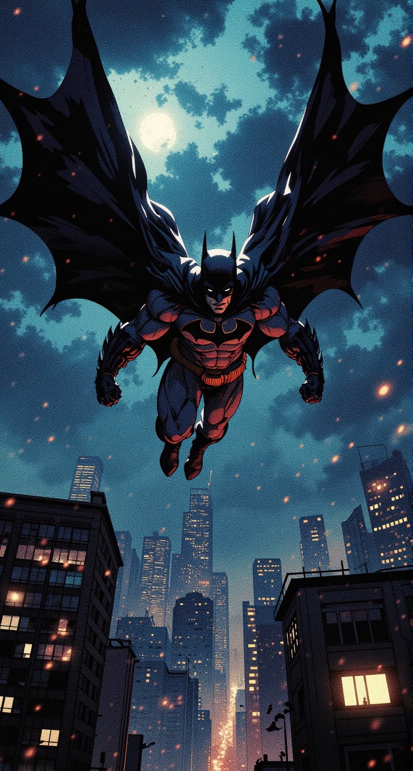 Batman flying in the sky,  in a stormy night in the sky. He is wearing his batman suit,  he is gliding fast by viper_66789...
