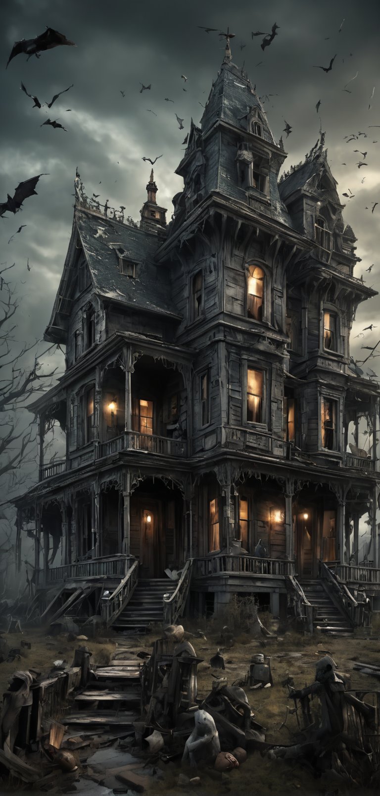 (extremely detailed 8k wallpaper), a medium full body photo of a haunted house,intricate, highly detailed, dramatic, a haunted house,very spooky,ghosts flying around