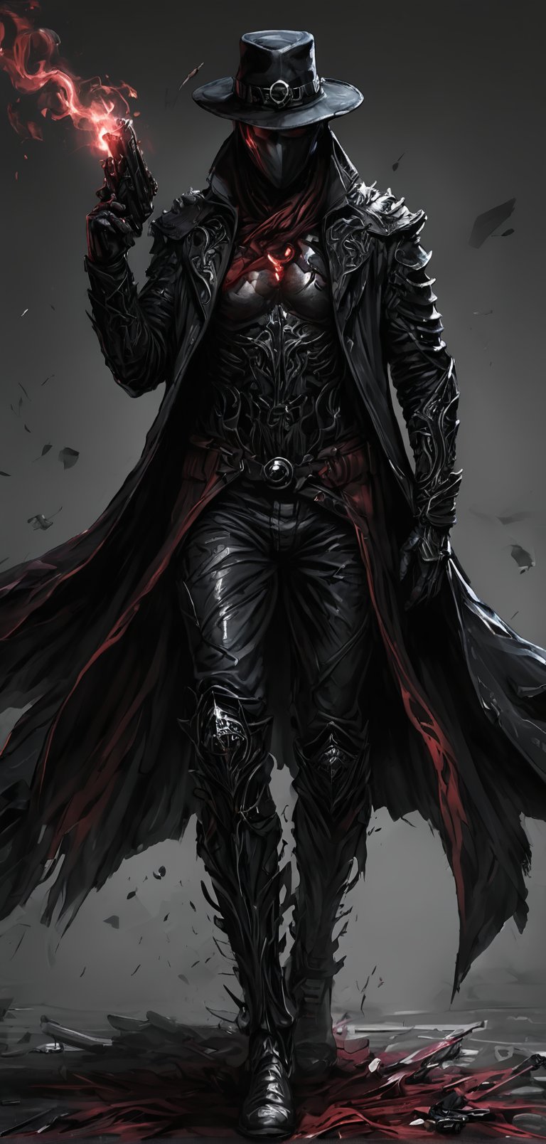 (extremely detailed 8k wallpaper), a medium full body photo of the shadow,intricate, highly detailed, dramatic, in black jacket,black pants,black boots,black cape,black hat,red handerchief covering his mouth and nose,guns in both hands,walking in darkness