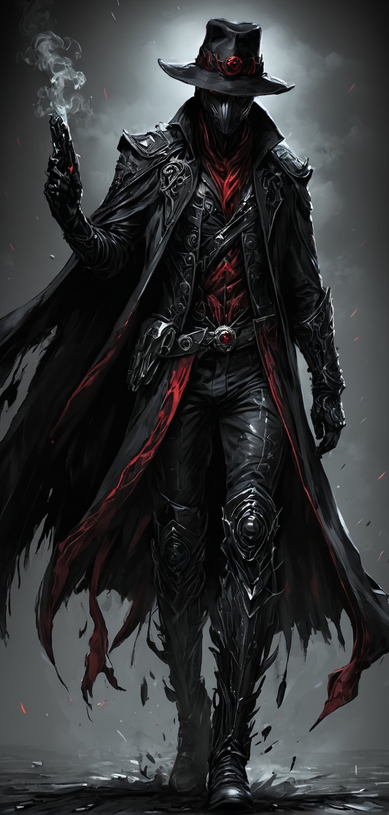 (extremely detailed 8k wallpaper), a medium full body photo of the shadow,intricate, highly detailed, dramatic, in black jacket,black pants,black boots,black cape,black hat,red handerchief covering his mouth and nose,guns in both hands,walking in darkness