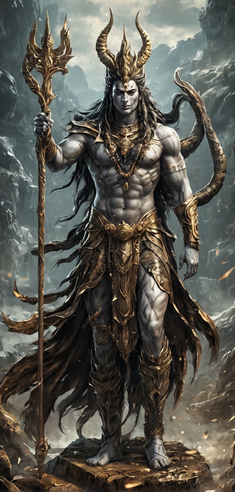 (extremely detailed 8k wallpaper), a medium full body photo of lord shiva,intricate, highly detailed, dramatic,trident in right hand,ready for war,wearing tiger skin costume