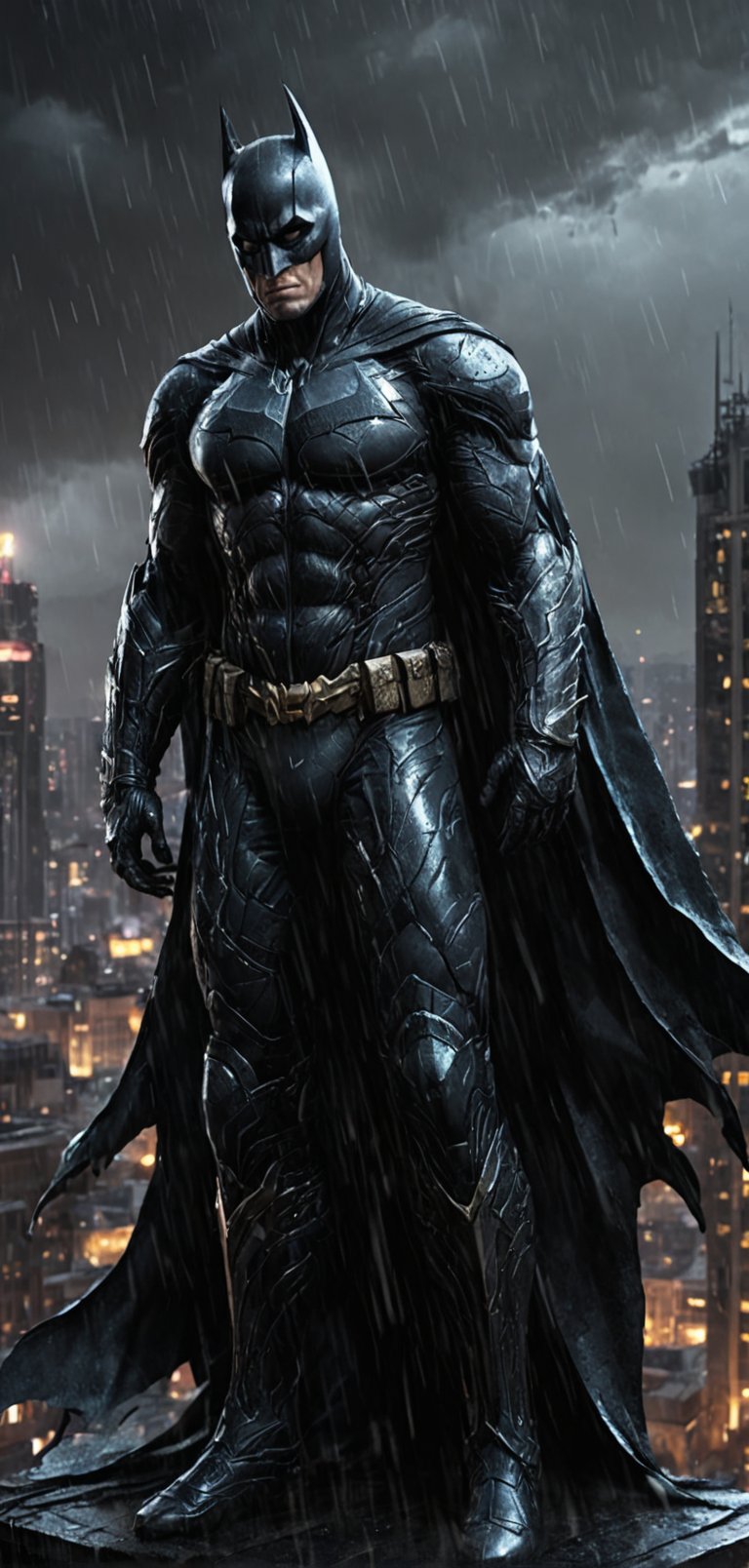 (extremely detailed 8k wallpaper), a medium full body photo of Batman intricate, highly detailed, dramatic, in bat suit, standing on top of a building, rainy night, lightning flashing