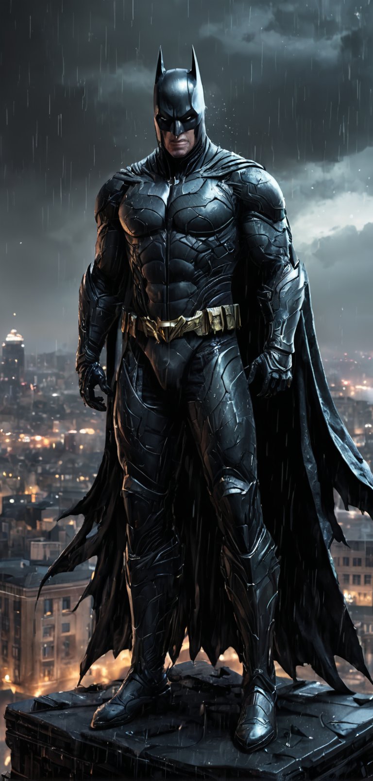 (extremely detailed 8k wallpaper), a medium full body photo of Batman intricate, highly detailed, dramatic, in bat suit, standing on top of a building, rainy night, lightning flashing