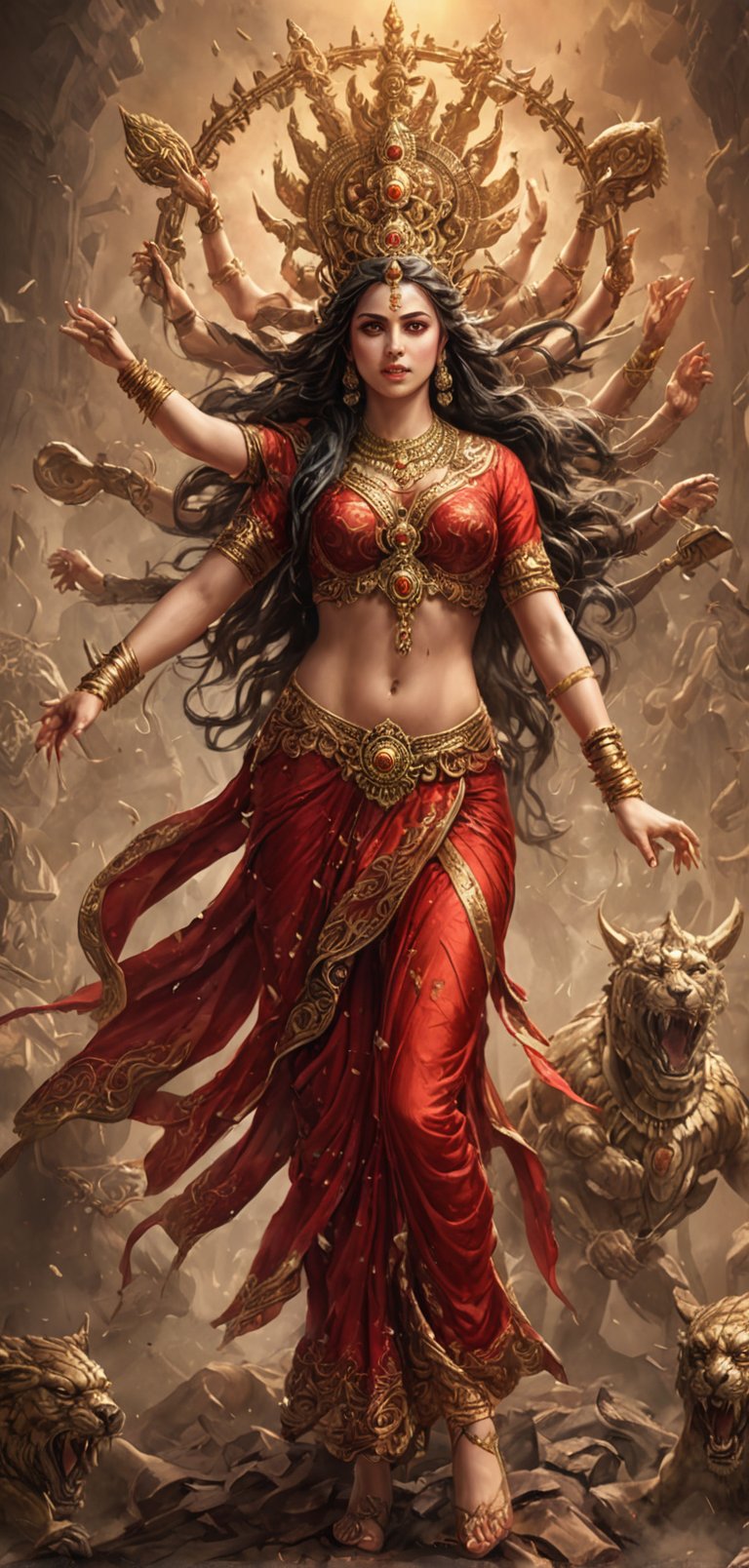 (extremely detailed 8k wallpaper), a medium full body photo of goddess durga ,intricate, highly detailed, dramatic, charging into battle, ten hands, ten weapons,wearing red saree