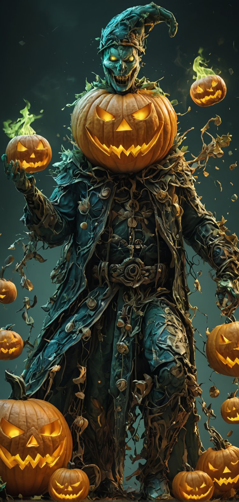 (extremely detailed 8k wallpaper), a medium full body photo of jack o lantern ,intricate, highly detailed, dramatic, in green and blue costume, head made of pumpkin,head on fire,pumpkin bombs in hand,laughing madly