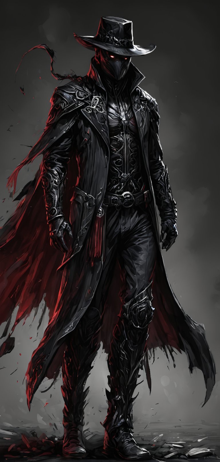 (extremely detailed 8k wallpaper), a medium full body photo of the shadow,intricate, highly detailed, dramatic, in black jacket,black pants,black boots,black cape,black hat,red handerchief covering his mouth and nose,guns in both hands,walking in darkness