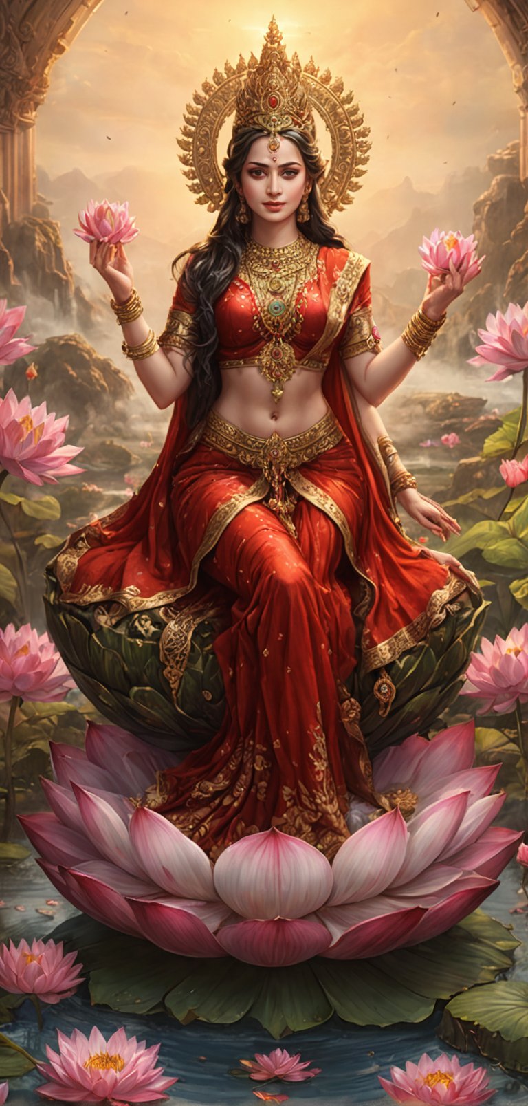 (extremely detailed 8k wallpaper), a medium full body photo of goddess laxmi,intricate, highly detailed, dramatic, four hands, meditating,wearing red saree,sitting on a huge lotus flower