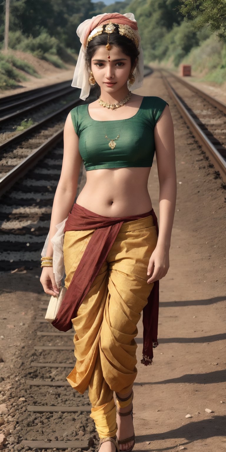 a hot attractive Indian young women working on railways tracks carrying bricks on her head like many other working in construction of railway tracks. she is wearing tight knee length dhoti, as she is carrying bricks

A striking image of a young Indian woman working on a railway track construction site, her dhoti is knee length and tightly draped  as she carries bricks on her head. The scene captures the dusty environment of the site, with the woman's delicate features contrasting with the rugged setting. The sari’s red colors stand out against the earthy tones of the construction site. The lighting is soft, with the sun filtering through a hazy sky, casting a golden hue over the scene. Created using: Leica M10, cinematic composition, soft sunlight, vibrant sari, high contrast, texture details, realistic dust effects, natural expression .

HD, 8K, Best Perspective, Best Lighting, Best Composition, Good Posture, High Resolution, High Quality, 4K Render, Highly Denoised, Clear distinction between object and body parts, Masterpiece, Beautiful face, 
Beautiful body, smooth skin, glistening skin, highly detailed background, highly detailed clothes, 
highly detailed face, beautiful eyes, beautiful lips, cute, beautiful scenery, gorgeous, dirty dhoti , best lighting, cinematic , great colors, great lighting, masterpiece, Good body posture, proper posture, correct hands, 
correct fingers, right number of fingers, clear image, face expression should be good, clear face expression, correct face , correct face expression, better hand position, realistic hand position, realistic leg position, no leg deformed, 
perfect posture of legs, beautiful legs, perfectly shaped leg, leg position is perfect, proper hand posture, no hand deformation, no weird palm angle, no unnatural palm posture, no fingers sticking to each other, clear different between fingers of the hand,
no deformed arm, better posture for arms, perfect arms, realistic arms, correct length of fingers, perfect length fingers, stunning look, use of fibonacci in the art, no unrealistic fingers, ankle of arms should be correct, 
ankle of hand shoud be correct, hand ankle should not be unrealistic, perfect hand ankle, good posture for hand ankle, smooth posture for hand ankle, size composition should be correct, size comparison between object and human should match real life,
perfect size composition,

 construction_site, railway_tracks, Indian_girl, dhoti, , knee length tight_dhoti, women carrying bricks on her head, 

