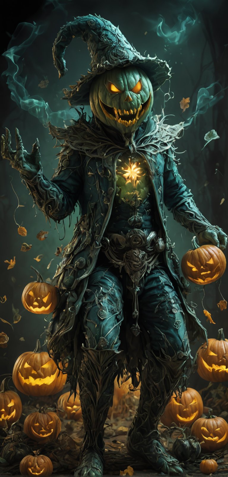 (extremely detailed 8k wallpaper), a medium full body photo of jack o lantern ,intricate, highly detailed, dramatic, in green and blue costume, head made of pumpkin,head on fire,pumpkin bombs in hand,laughing madly