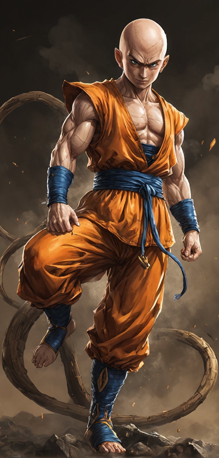 (extremely detailed 8k wallpaper), a medium full body photo of krillin of dragon ball z,intricate, highly detailed, dramatic, in krillin costume, bald,ready for battle