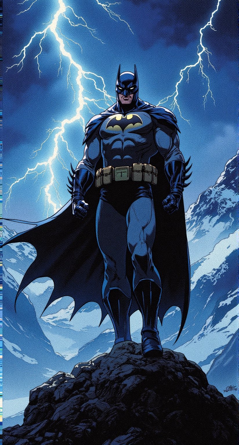 Batman standing on top of a mount Everest,  in a stormy night,  lightning in the sky. He is wearing his batsuit by viper_6...