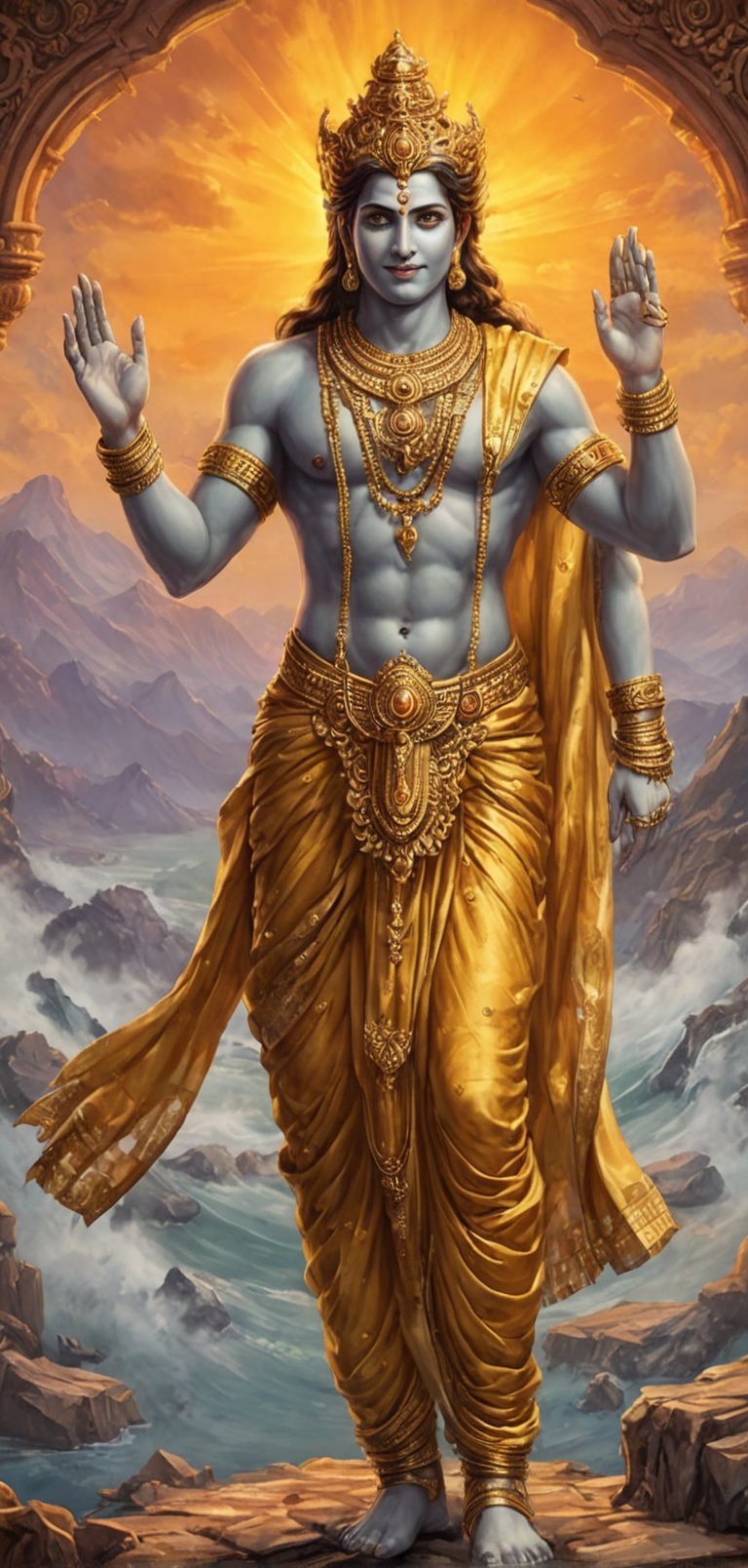 (extremely detailed 8k wallpaper), a medium full body photo of lord vishnu,intricate, highly detailed, dramatic,has four hands,wearing yellow dhoti,a peaceful smile on his face,standing