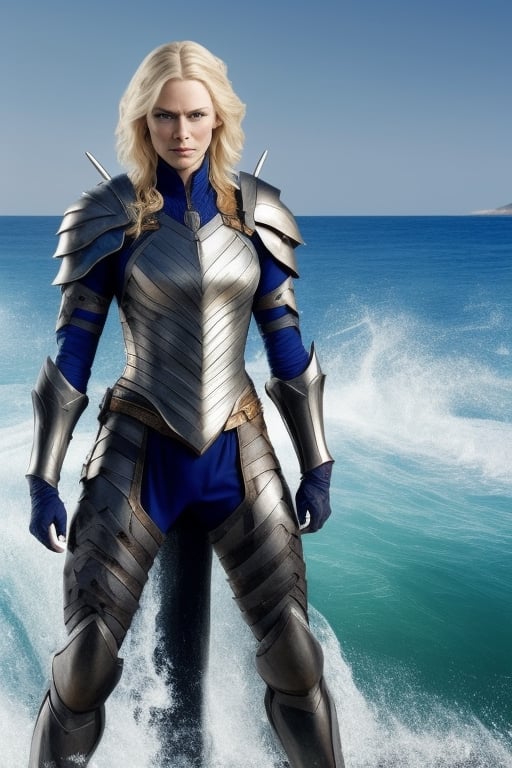 1 female, blue long hair, blue eyes, gauntlets on both hands, in blue armour, with metallic boots,trident in right hand,wave of water in the background