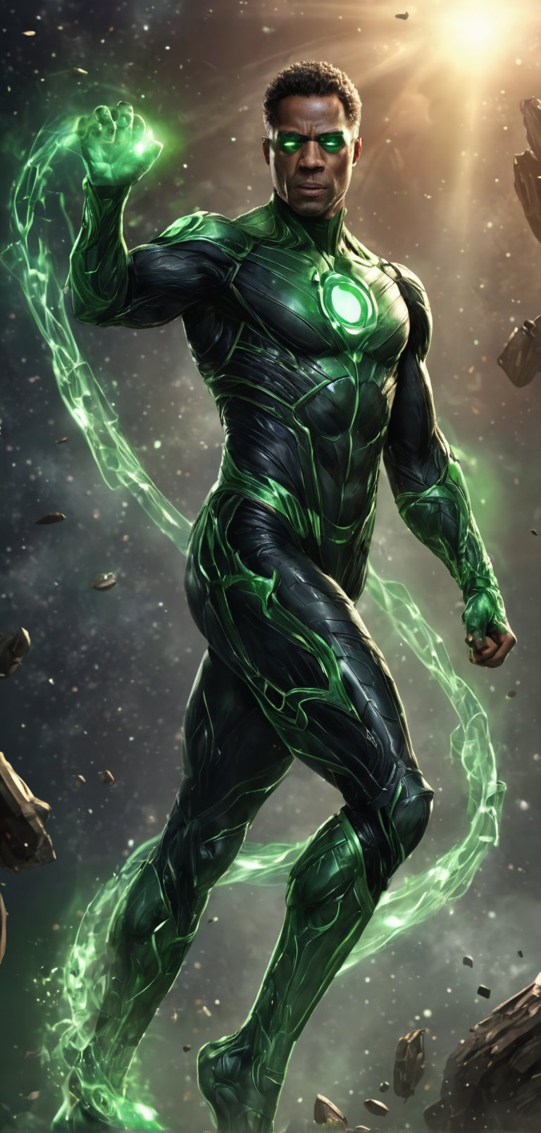 (extremely detailed 8k wallpaper), a medium full body photo of green lantern John stewart, intricate, highly detailed, dramatic, flying fast in outer space,bald,African american