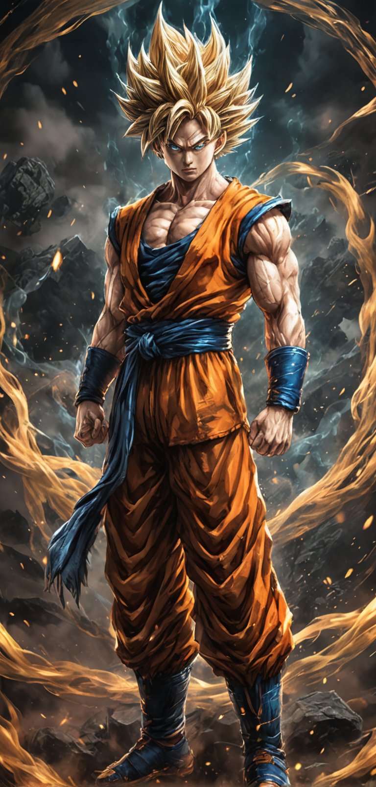 (extremely detailed 8k wallpaper), a medium full body photo of goku , intricate, highly detailed, dramatic,  in goku's attire, super saiyan form