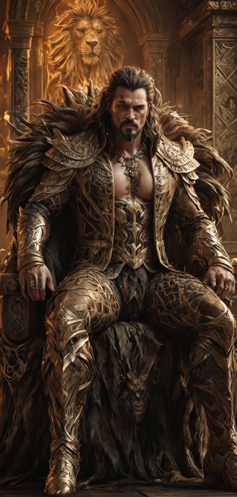 (extremely detailed 8k wallpaper), a medium full body photo of kraven the hunter  intricate, highly detailed, dramatic, in kraven the hunter costume,sitting on a lion throne