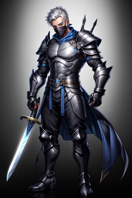 1 male, ninja, black metallic armour,silver metal shoulder pads, black mask,sword in right hand,silver boots