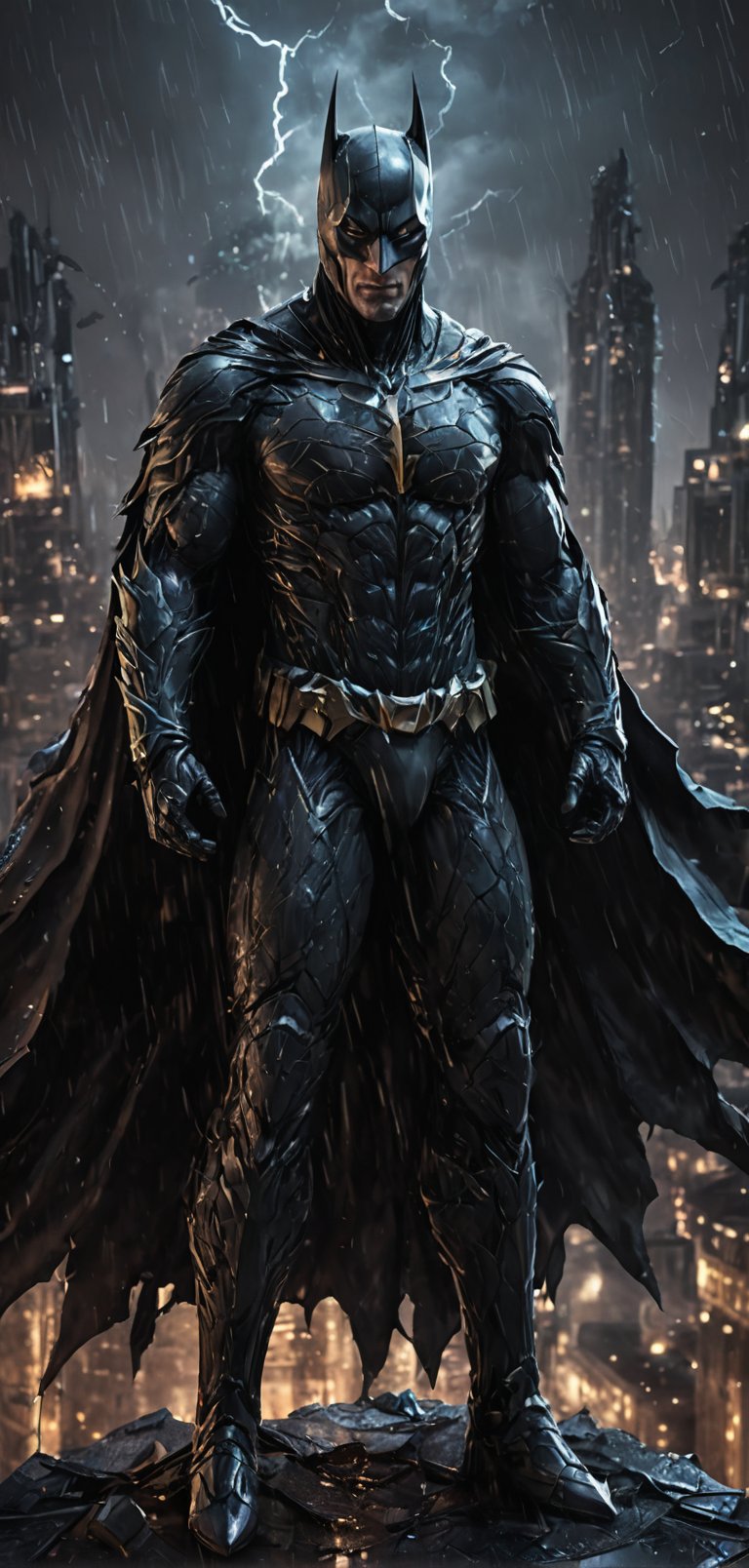 (extremely detailed 8k wallpaper), a medium full body photo of Batman intricate, highly detailed, dramatic, in bat suit, standing on top of a building, rainy night, lightning flashing