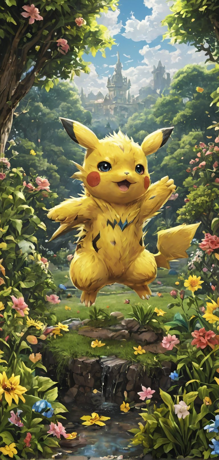 (extremely detailed 8k wallpaper), a medium full body photo of Pikachu of pokemon,intricate, highly detailed, dramatic, playing on a garden