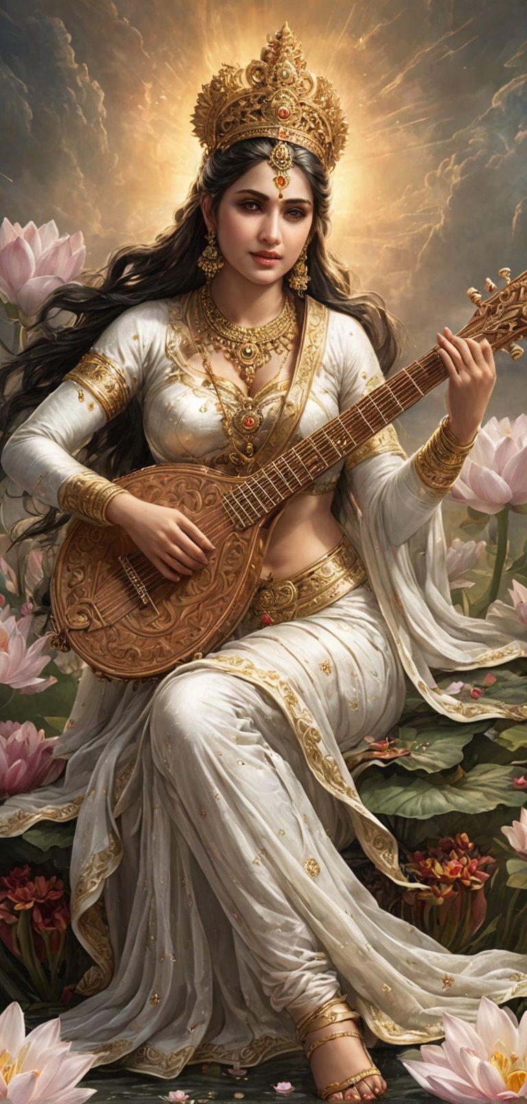 (extremely detailed 8k wallpaper), a medium full body photo of goddess saraswati,intricate, highly detailed, dramatic, four hands, playing a sitar,wearing white saree,sitting on a huge lotus flower