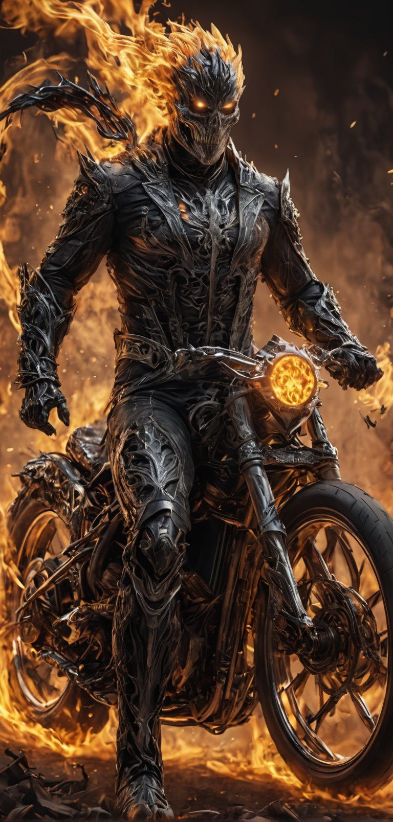 (extremely detailed 8k wallpaper), a medium full body photo of  ghost rider , intricate, highly detailed, dramatic,in his ghost rider costume, riding his flaming bike
