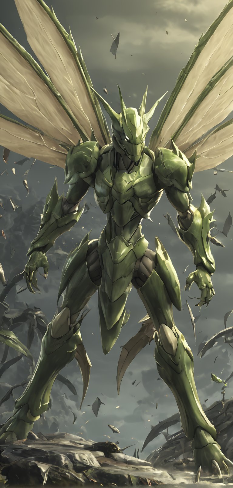 (extremely detailed 8k wallpaper), a medium full body photo of scyther of pokemon,intricate, highly detailed, dramatic, fighting,pokemon(creature),Scyther,pokemon (creature), wings,bladed arms