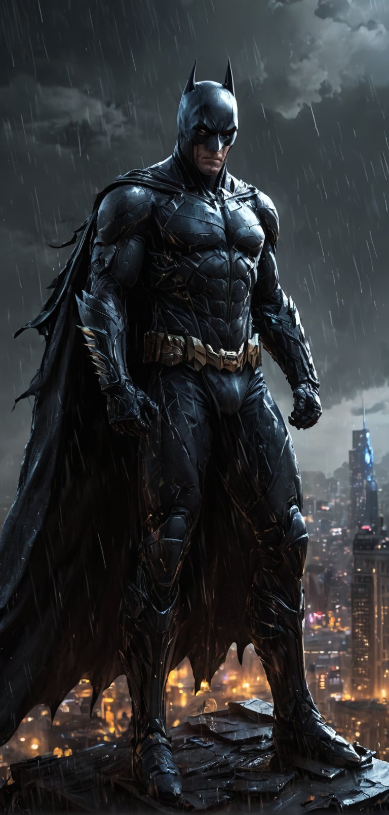 (extremely detailed 8k wallpaper), a medium full body photo of Batman intricate, highly detailed, dramatic, in bat suit, standing on top of a building, rainy night, lightning flashing