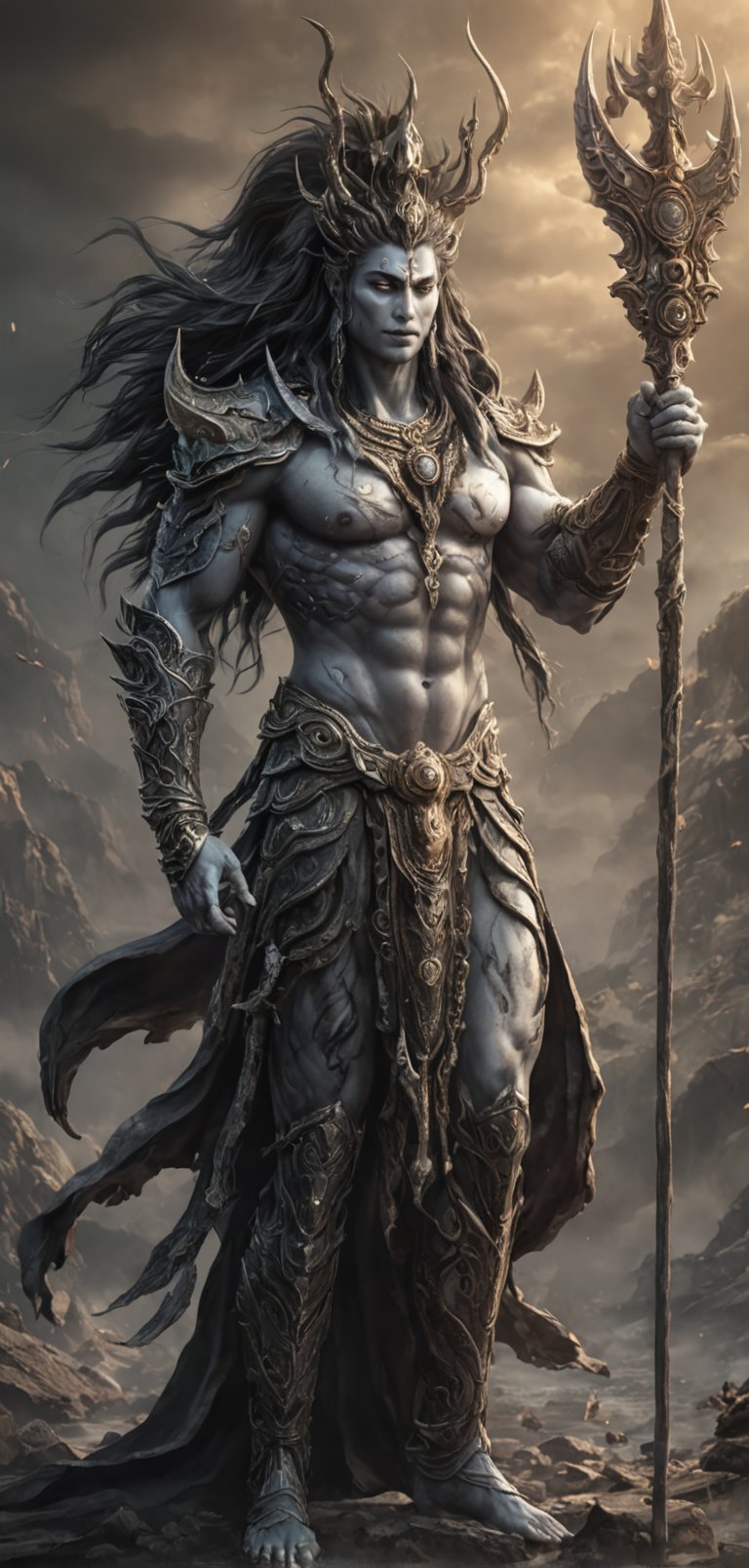 (extremely detailed 8k wallpaper), a medium full body photo of lord shiva,intricate, highly detailed, dramatic, in lord shiva costume,trident in right hand,ready for war