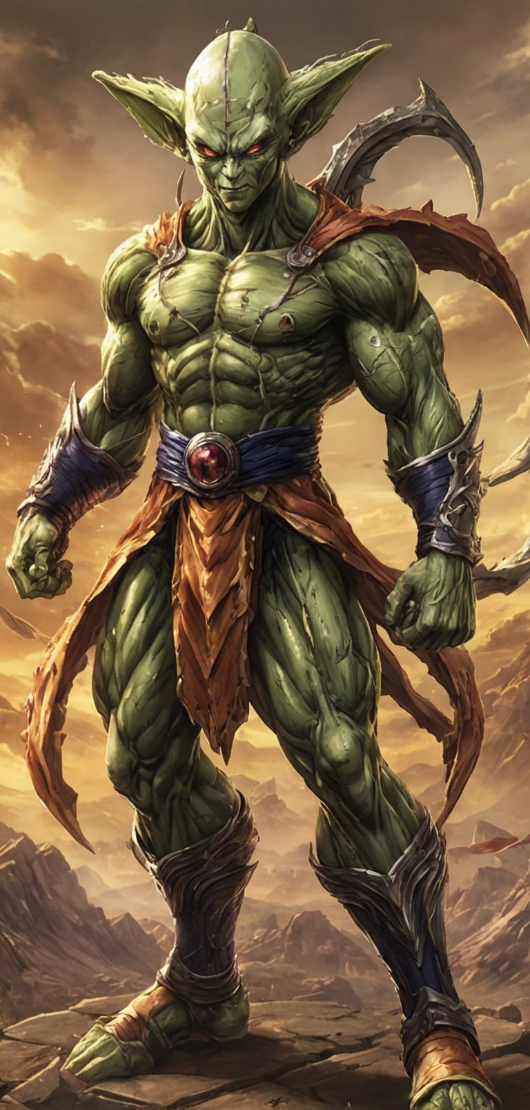 (extremely detailed 8k wallpaper), a medium full body photo of picollo dragon ball z,intricate, highly detailed, dramatic, in a picollo dragon ball z costume, bald head,green skin,ears like a goblin, powering up,muscular body