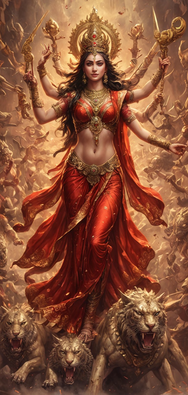 (extremely detailed 8k wallpaper), a medium full body photo of goddess durga ,intricate, highly detailed, dramatic, charging into battle, ten hands, ten weapons,wearing red saree