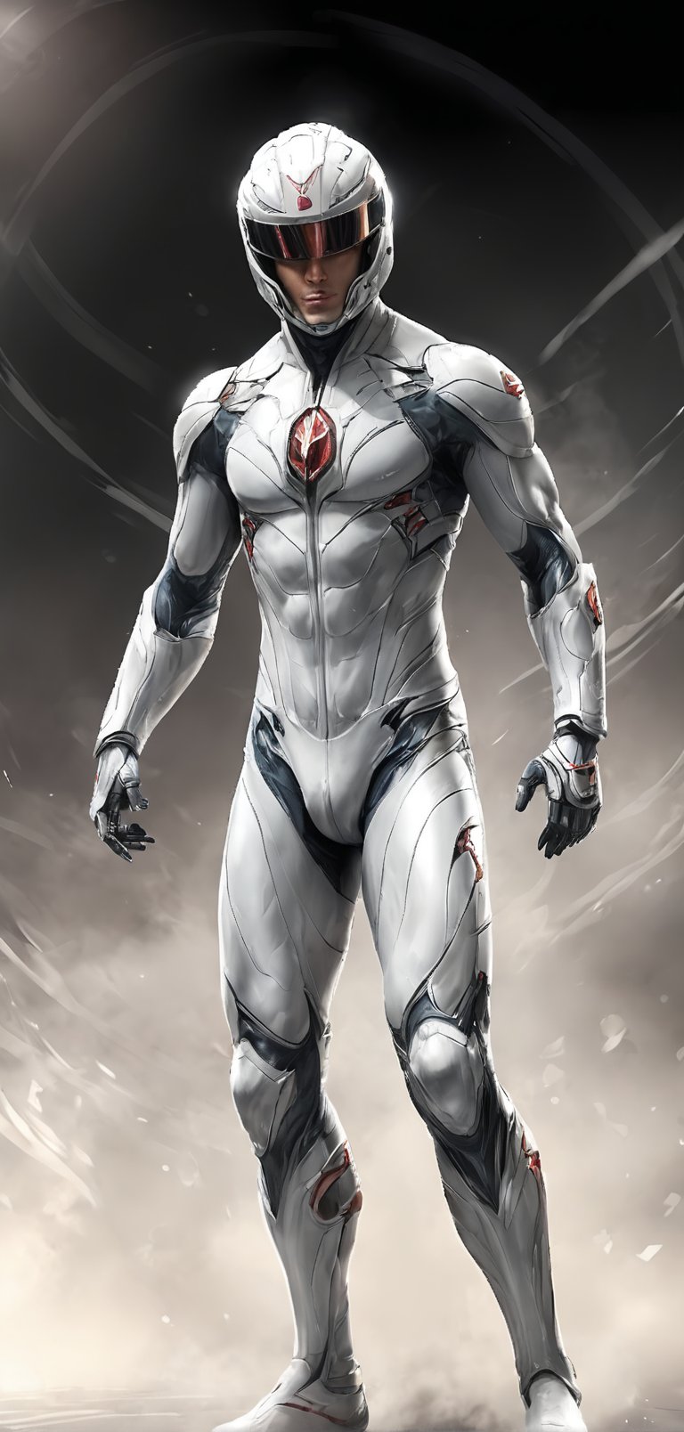 (extremely detailed 8k wallpaper), a medium full body photo of speed racer,intricate, highly detailed, dramatic, in a speed racer white costume, white driving helmet,he is lightly muscular,standing