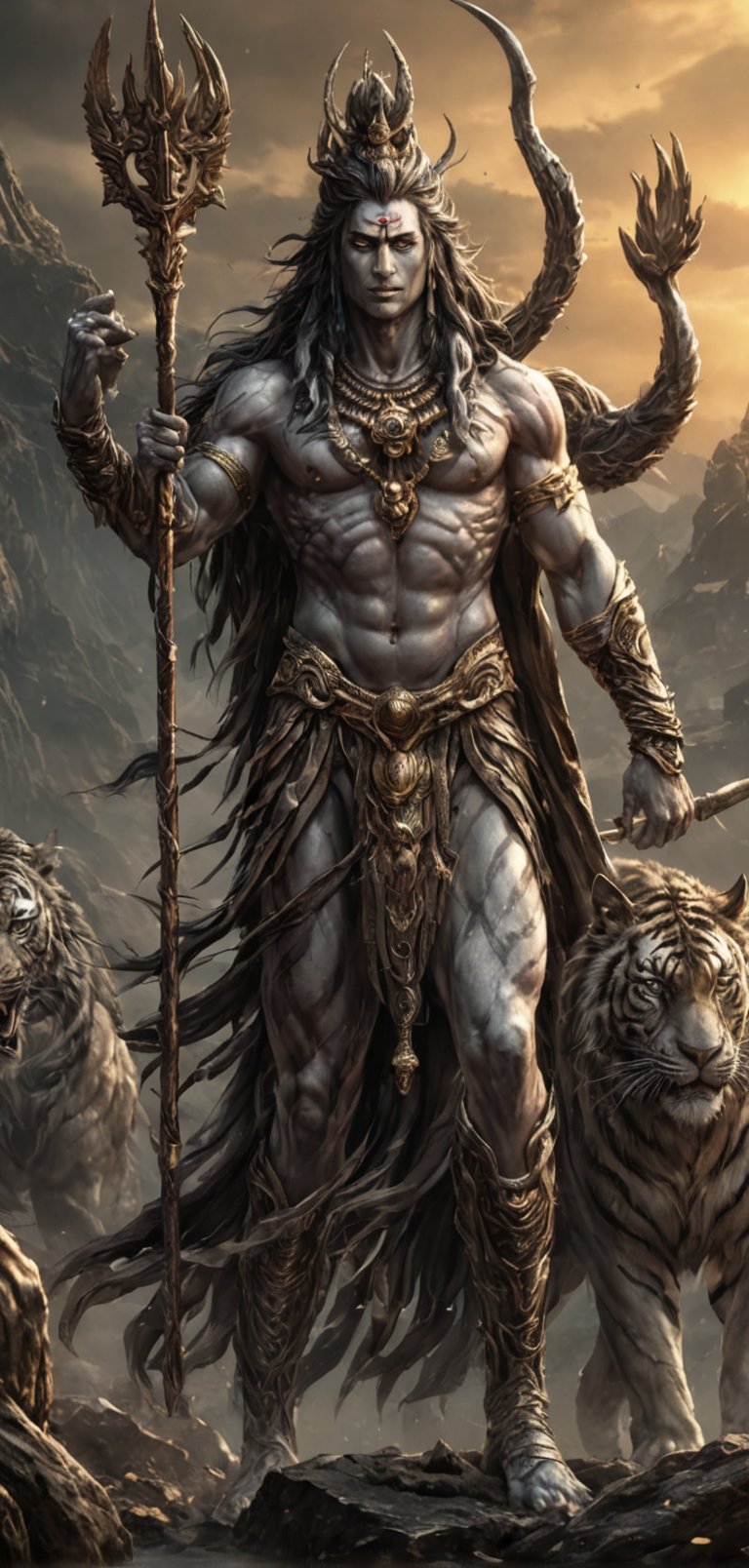 (extremely detailed 8k wallpaper), a medium full body photo of lord shiva,intricate, highly detailed, dramatic,trident in right hand,ready for war,wearing tiger skin costume