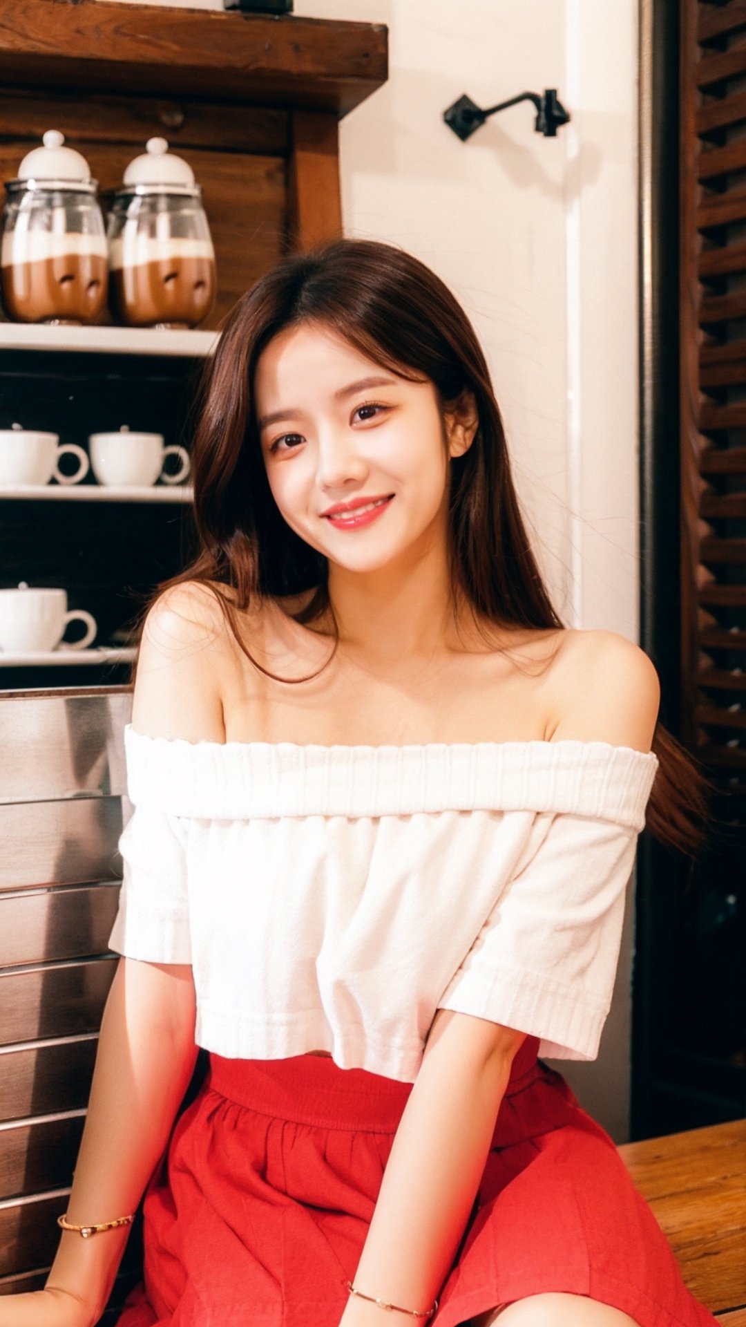 (masterpiece), 1girl, long brown hair, brown eyes, off shoulder, sitting, coffee house, coffee cup,1girl, smile face, white_blouse,JeeSoo, red_skirt, puffy_nipples