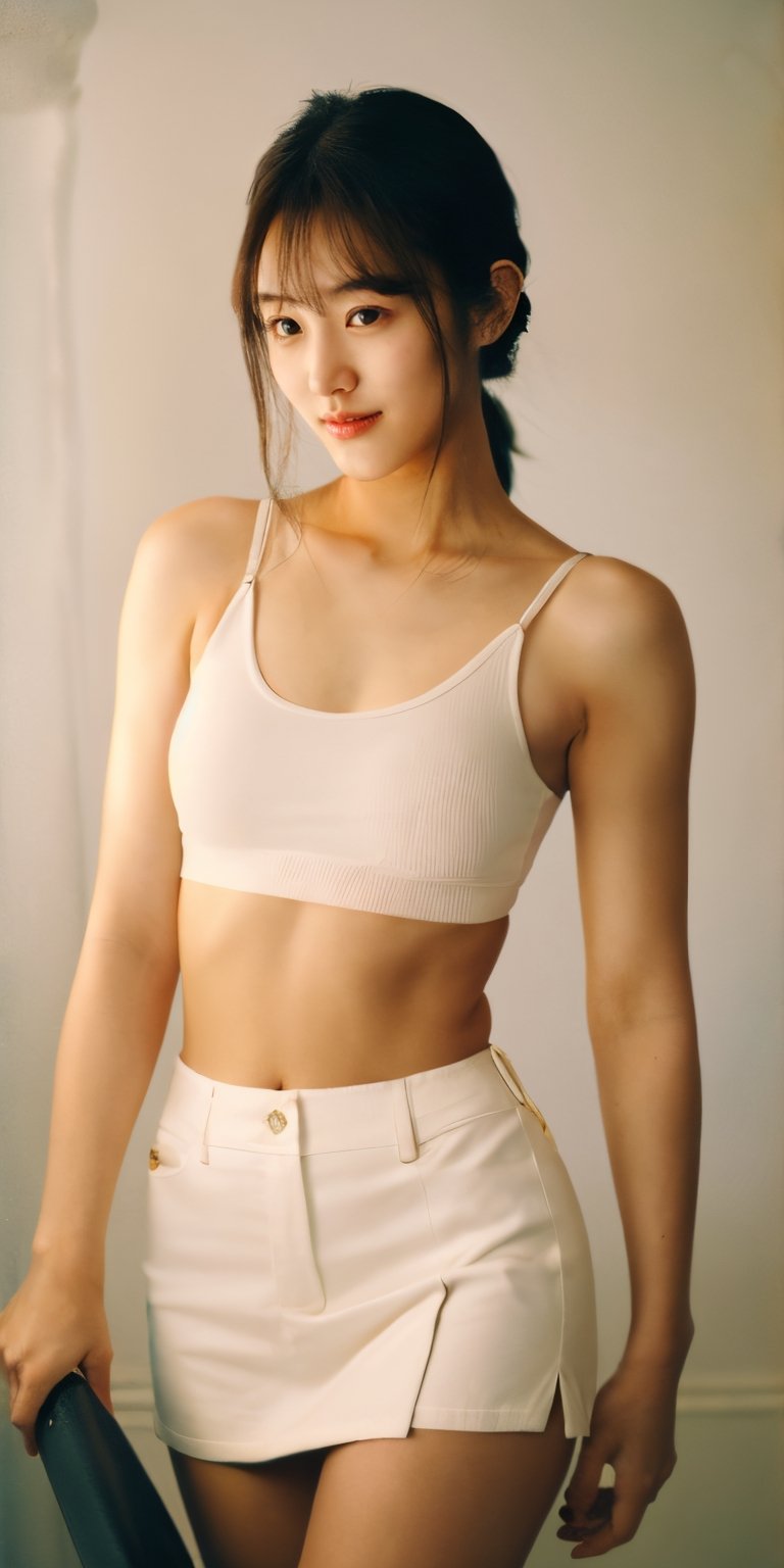 (glamour:1.3) photo of beautiful smiling girlfriend\(woman\) in her 20s, ponytail, better_hands, (blush:0.5), (goosebumps:0.5), realistic skin, feminine_bodyfigure, BREAK wearing Cut-out crop top, short skirt, heels, BREAK photorealistic, (upper_body frame), hourglass body shape, (dynamic_gravure_pose), cinematic_lighting, high angle raw shot from the side, staring_at_viewer, 50mm lens, rule_of_thirds, Fujicolor_Pro_Film,rainbowsky_background