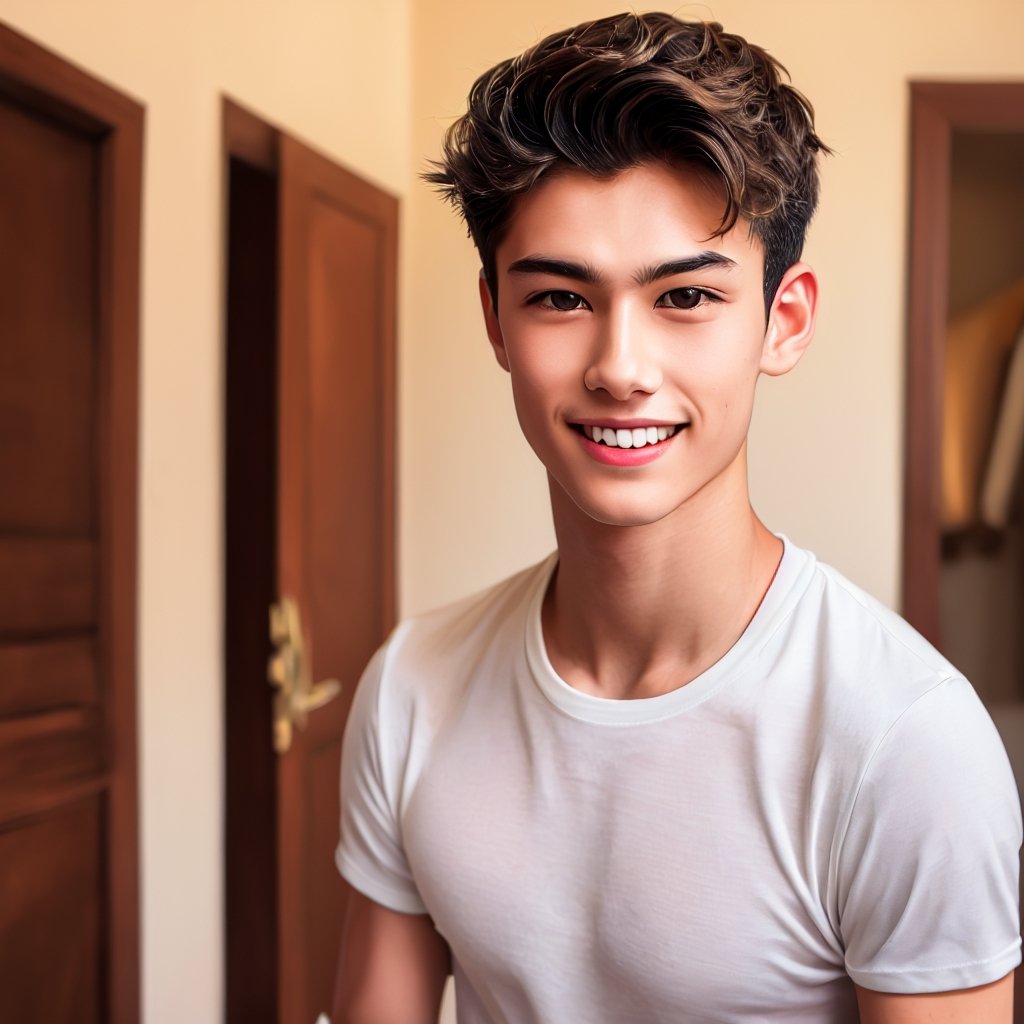 a handsome asian boy at home,clear eyes, sharp focus, black  short hair ,wear T-shirt, smiling face ,hyper realistic,,cute blond boy,handsome Italian