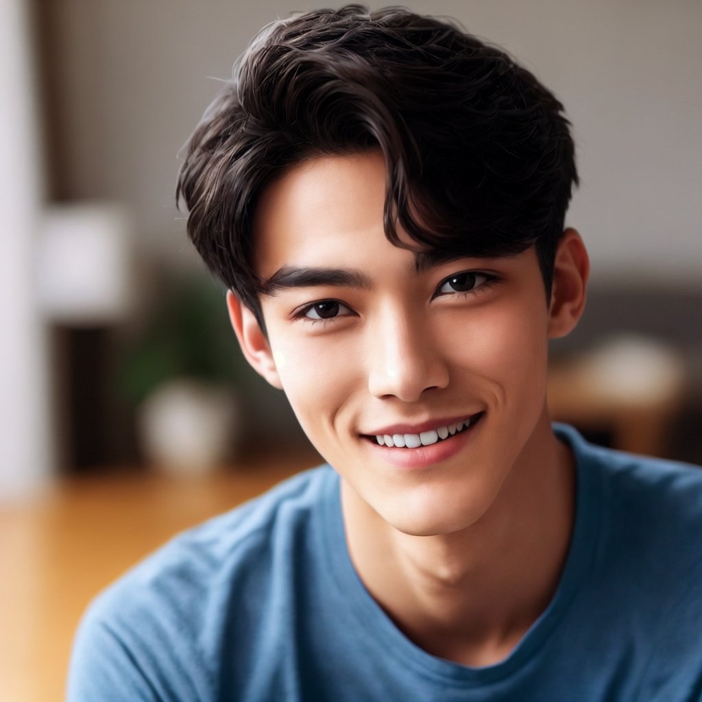 a handsome asian boy at home,clear eyes, sharp focus, wear blue shirt, smiling face ,hyper realistic