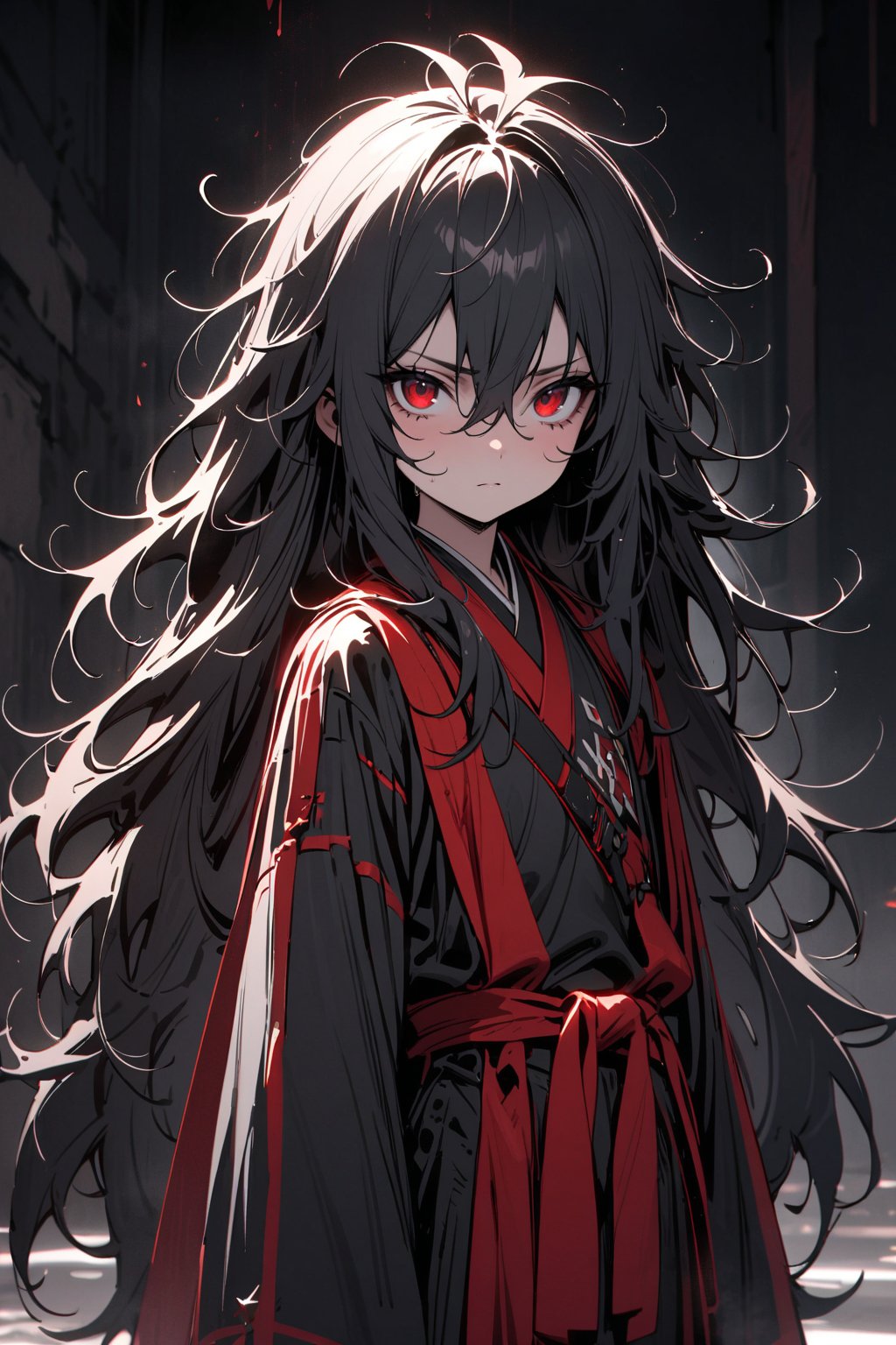 masterpiece, best quality, absurd, young, very long hair, black hair, messy hair, lion's mane hair, red eyes, short stature, martial clothing, alone,